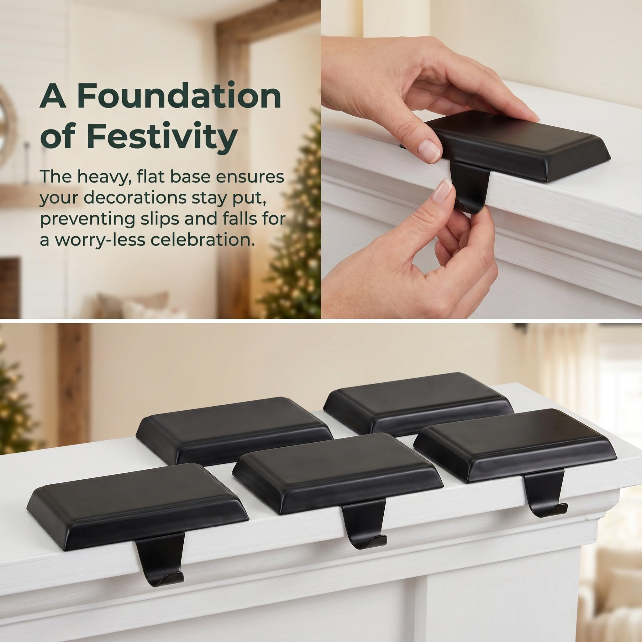 SHINEOFI 4 Pièces Crochet de Cheminée en Fer Noir pour Noël Base Lestée et Dessous Rembourré, Design Moderne et Ferme pour Décoration Festive Antidérapante