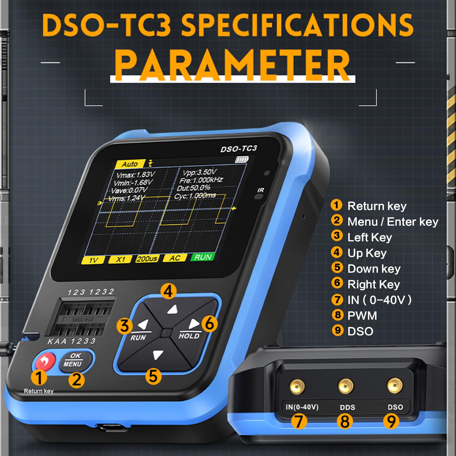 Jadeshay Osciloscopio de Mano,Kit de Osciloscopio Digital Portátil,USB Recargable 3 en 1 Probador de Transistor Digital de Ancho de Banda Generador de Señal Pantalla LCD,Salida de Ondas cuadradas PWM