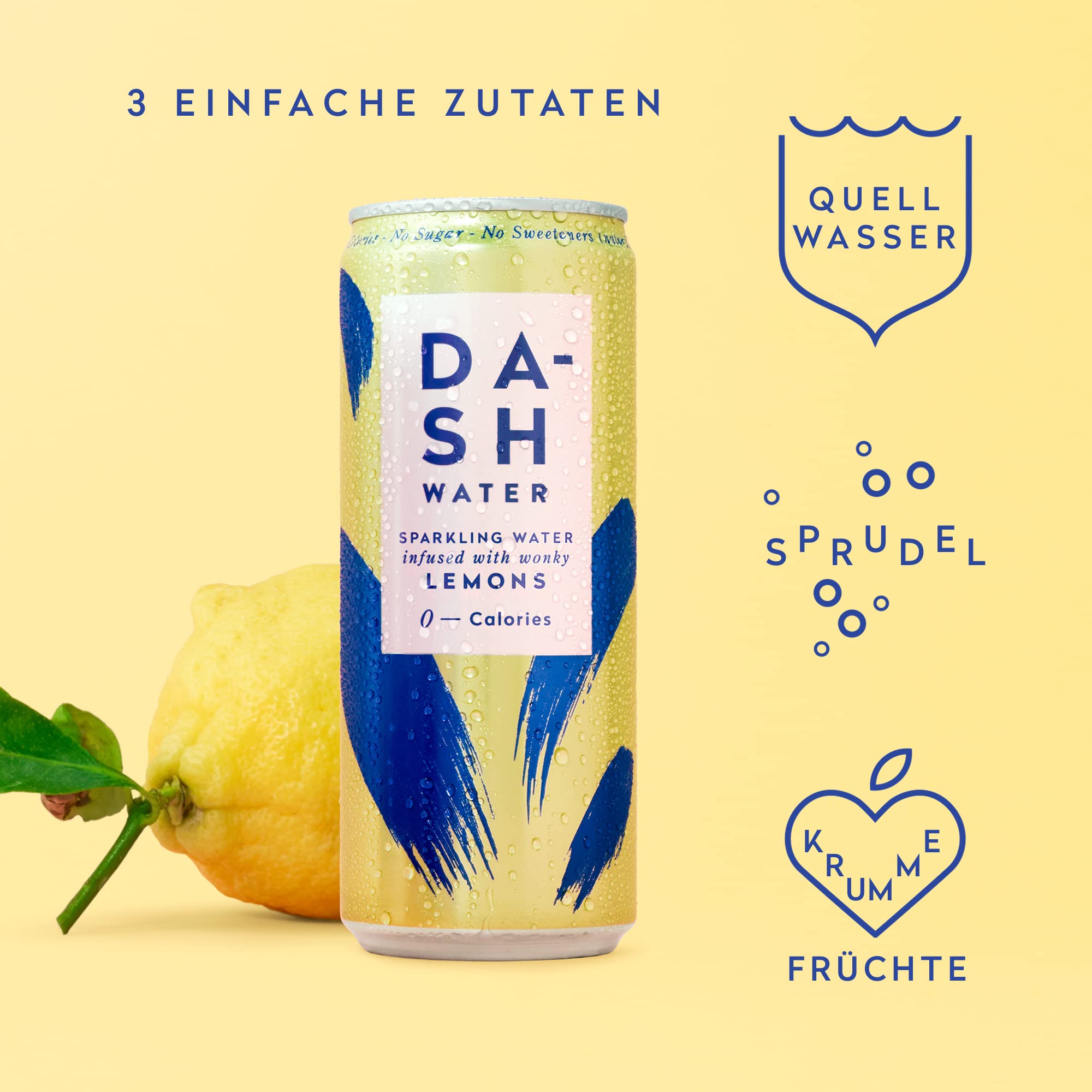 DASH WASSER Zitrone - 12 x Sprudelwasser mit Zitronengeschmack - KEIN Zucker, KEIN Süßstoff, KEINE Kalorien - angereichert mit ausgefallenen Früchten (12 x 330ml Dosen) (Packung mit 2)