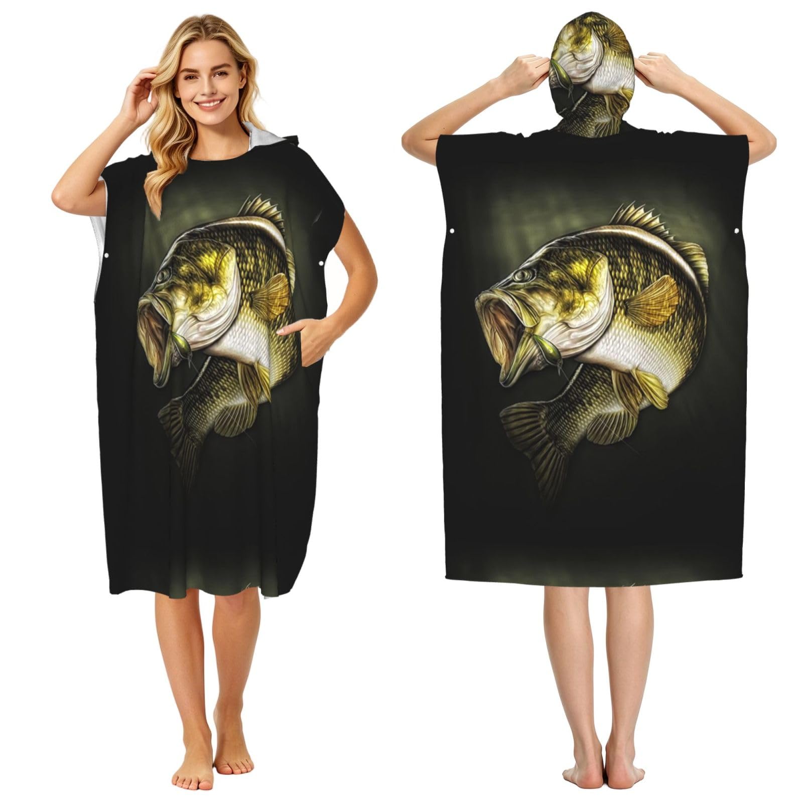 Poadnly Fish Pattern, Adult Hooded Beach Towel 90 x 110 cm,Changing Bath Robe, Surf Poncho Towel For Women Men