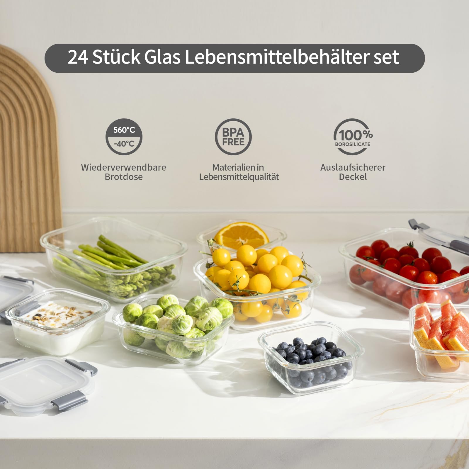 GENICOOK 24 Stück Glas Frischhaltedosen Set Mit Deckel - Vorratsdosen Für Lebensmittel, Meal Prep Boxen, Aufbewahrungsbehälter, Luftdichte Lebensmittelbehälter Für Küche