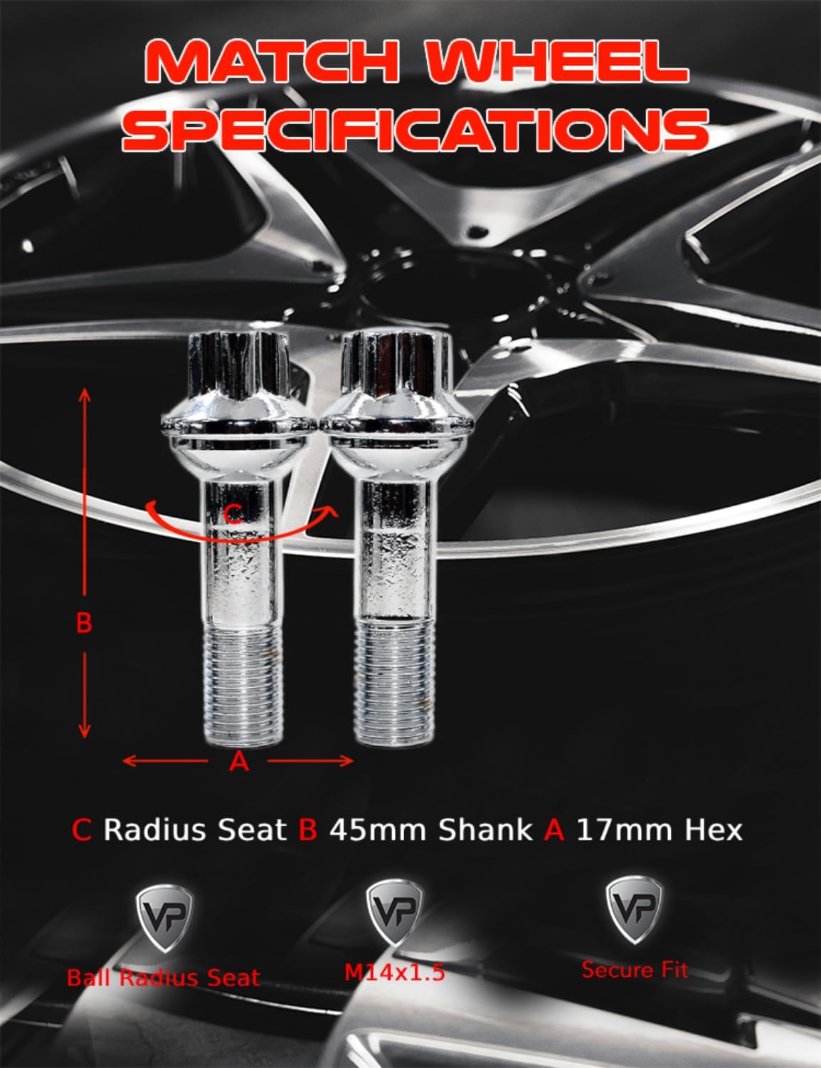 Set of 20 Veritek 14x1.5mm Chrome OE 2.75 Inch 45mm Shank Length 17mm Star Hex Ball Seat Wheel Lug Bolts for Mercedes CL S GL GLK G GLS ML R Class Factory Wheels VPE-14151809CF