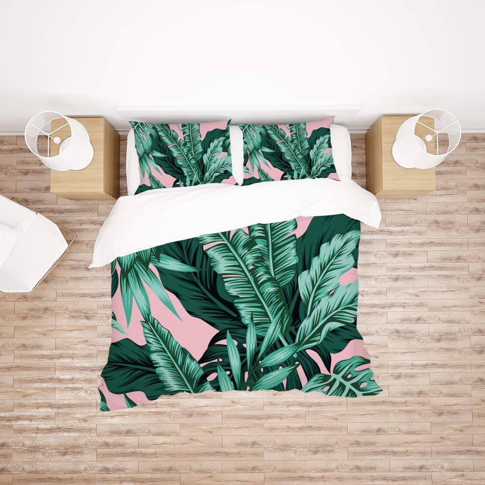 Housse de couette rose motif plantes tropicales lit double toutes saisons