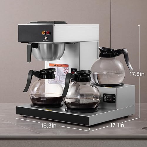 Miniatura 7 de SYBO Cafetera comercial de 12 tazas, cafetera de goteo con 3 calentadores inferiores y 2 decantadores de vidrio, cafetera de acero inoxidable