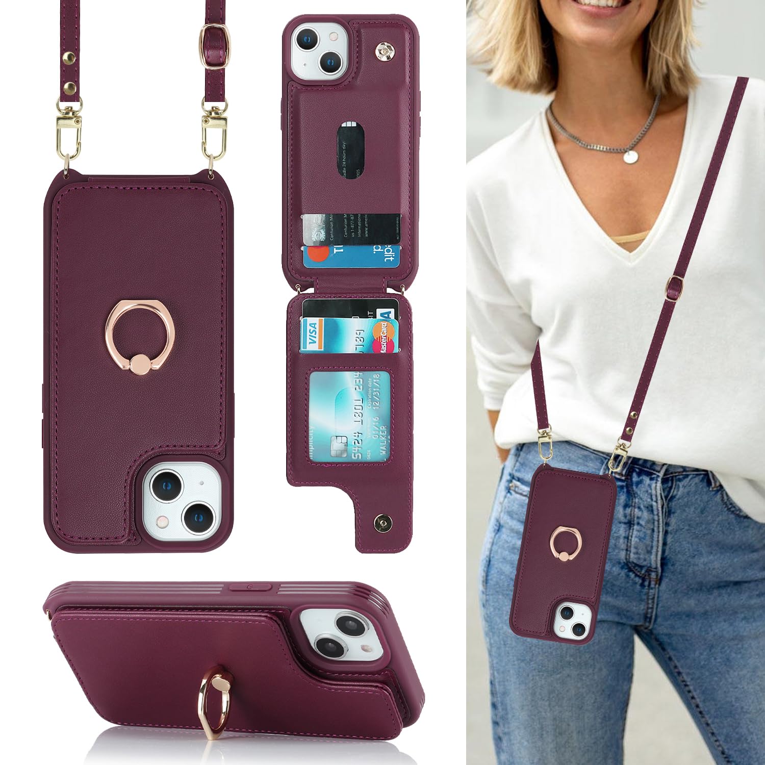 Lipvina for iPhone 15 Plus Case with Card Holder and Strap for Women,Crossbody Lanyard,Stand Ring Kickstand,Snap Clasp,Phone Wallet Cases 6.7 inch(