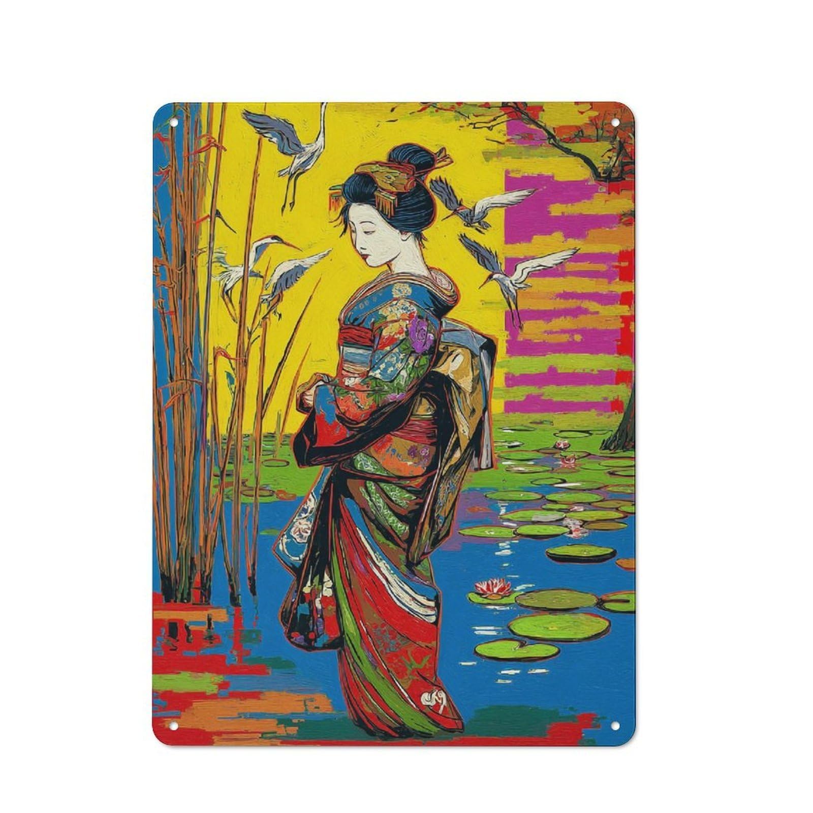 Junmoney Geisha In A Vibrant Landscape Understated Decorative Metal Sign 40X30cm Featuring Study Room Decor For Workspace, Cafe, Shop Or Desk Area