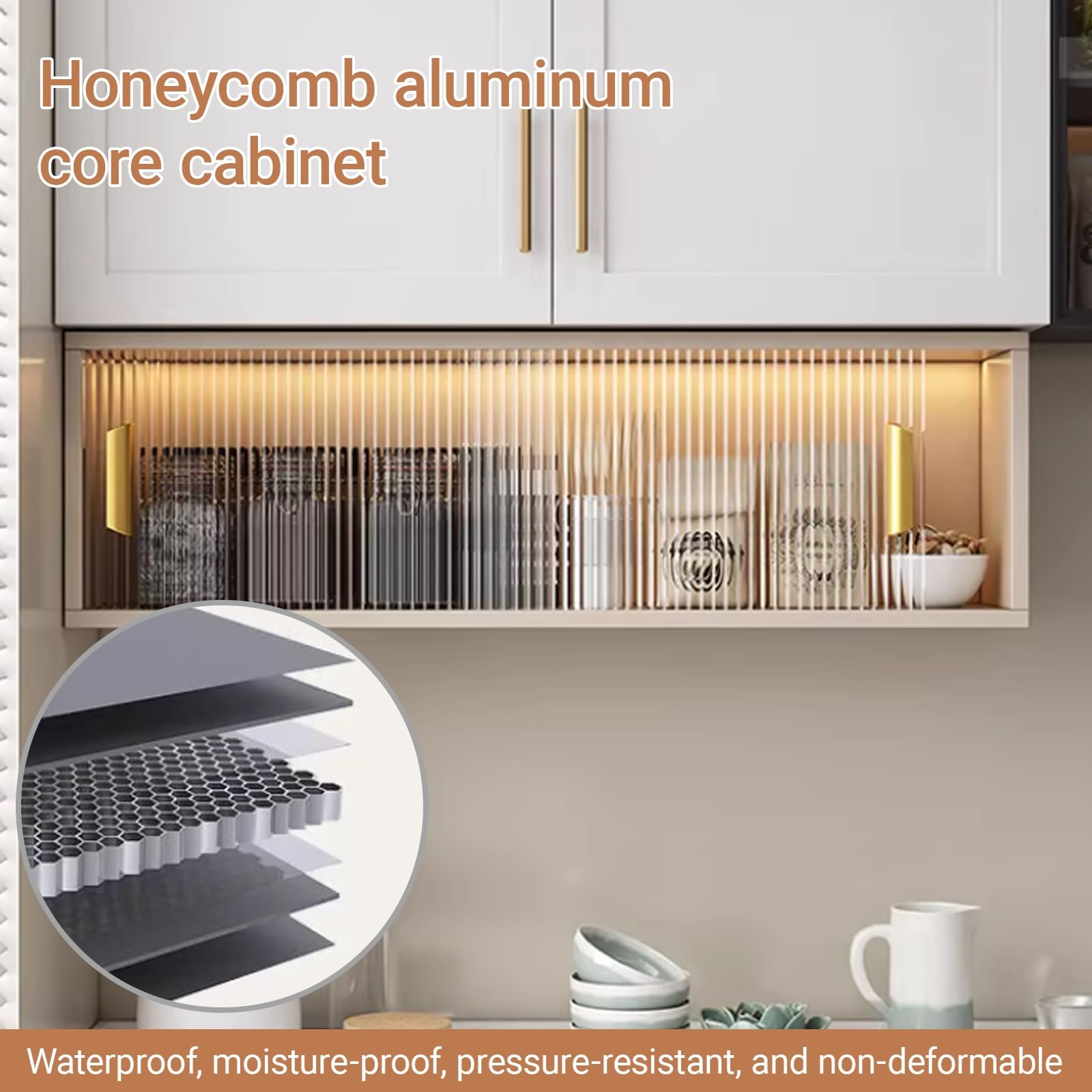 Armoire de rangement murale avec porte en verre, organiseur en aluminium nid d'abeille, portes coulissantes, installation sans perçage, présentoir élégant pour cuisine ou salle de bain