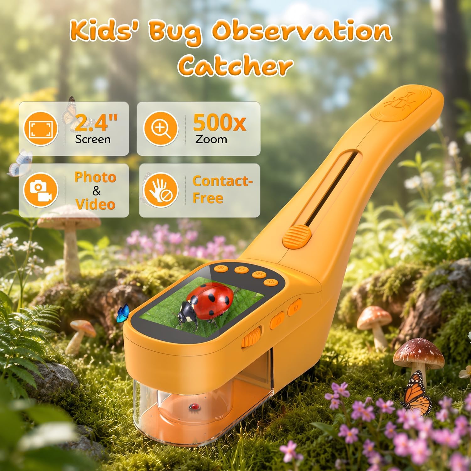 Bug Catcher for Kids, 500X Zoom, 2.4" Screen, STEM Toy 4-8, Mango image 2