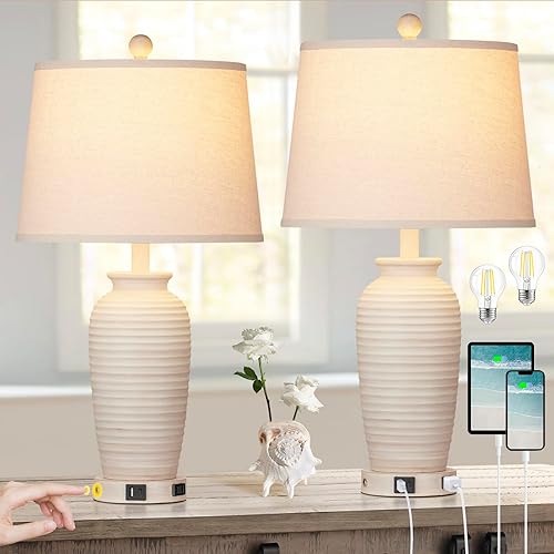 CINSARY Juego de 2 lámparas de mesa con tarro de granja de 25 pulgadas, control táctil de 3 vías, lámparas de noche rústicas con puertos USB A+C y