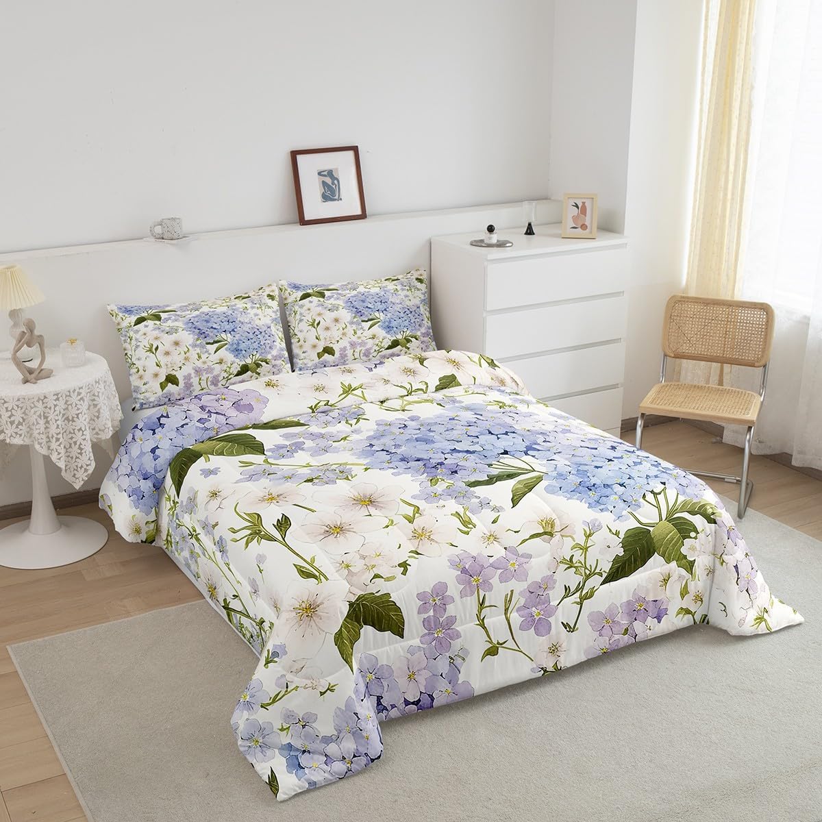 Feelyou Hydrangea Comforter Set Queen Size Kids Hydrangea Floral Comforter for Boys Teens Garden Flowers Bedding Set Natural Theme White Blue Duvet Set Room Decor Quilt Set
