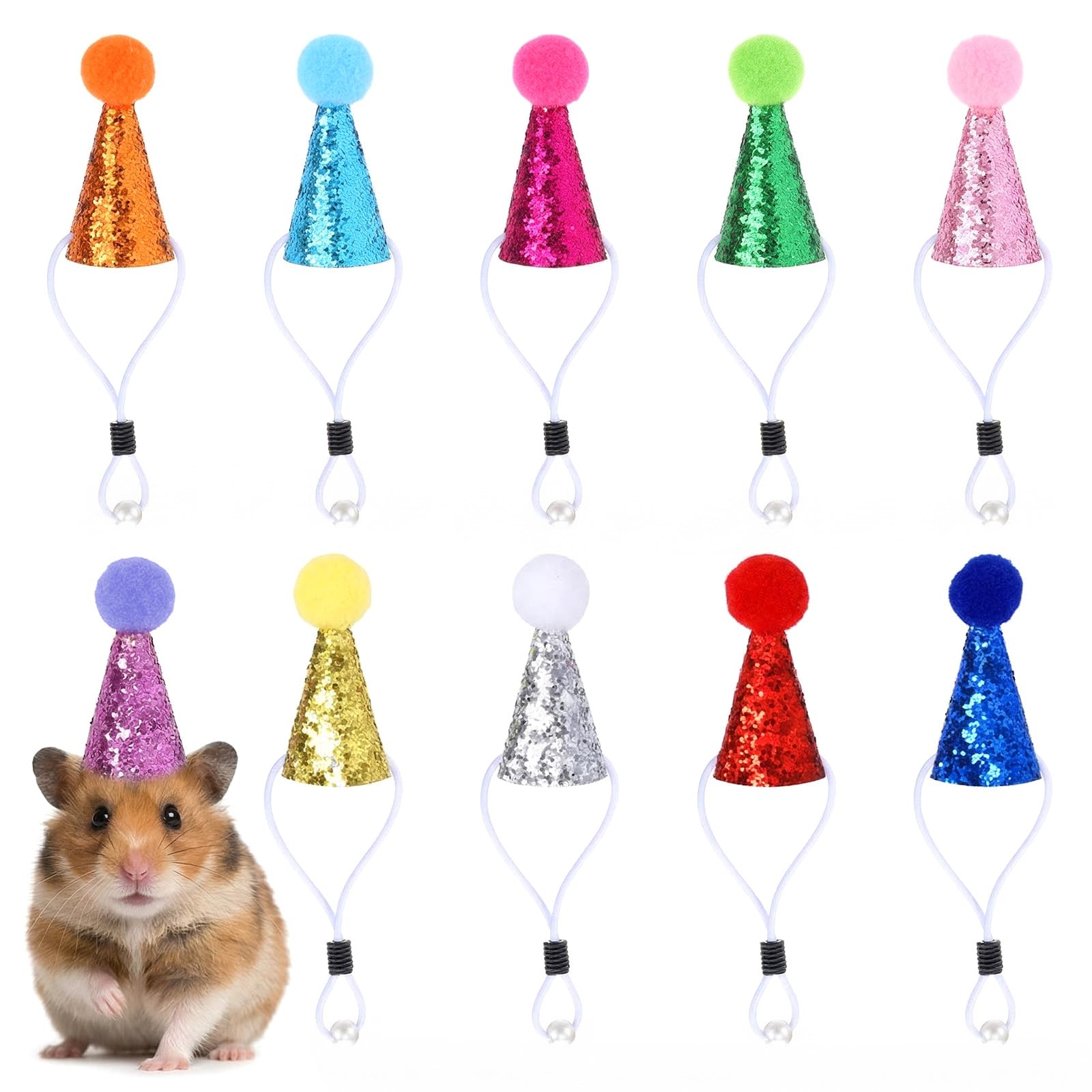 Qianyu 10 Pcs Mini Party Hats for Stuffed Animals Figures Toys Tiny Glitter Cone Birthday Party Hats Colorful Decor Adjustable Hat with Tinsel Pom Pom Birthday Toppers Accessories(Bunt)