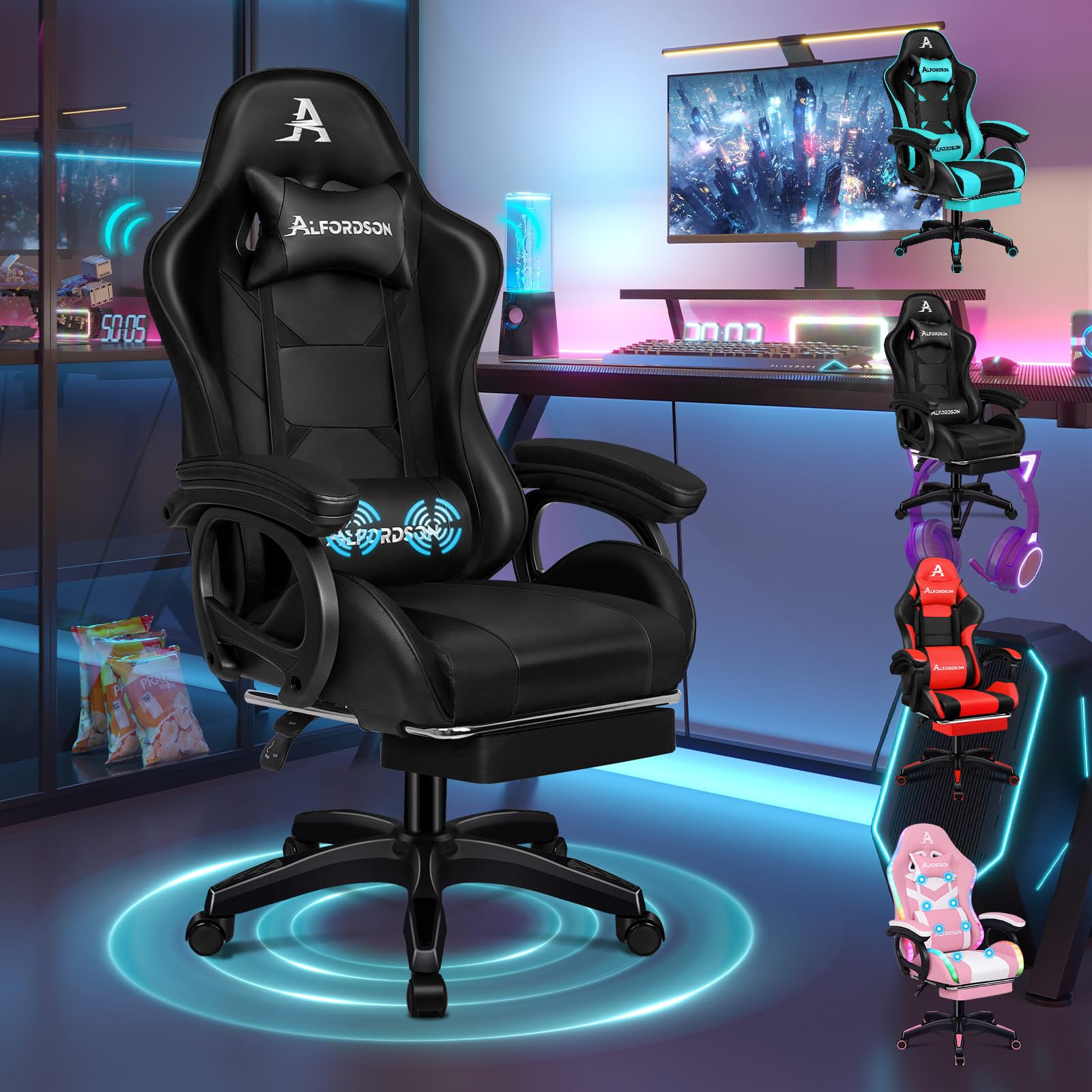 Chaise Gaming Alfordson Massante Chaise Gaming ALFORDSON Avec Massage Lombaire - Siège Ergonomique Réglable En Cuir PU Noir Soontrans Chaise Gaming