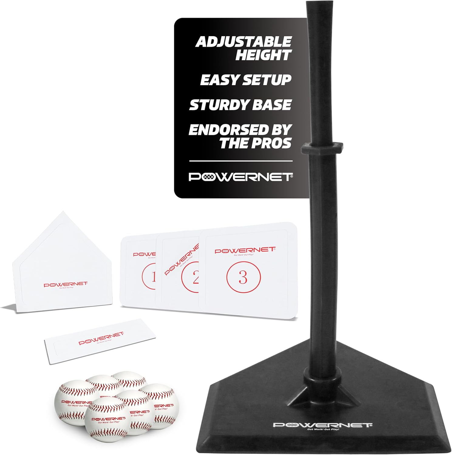 PowerNet T Ball Baseball Accessories for Coach, TBall Coaching Bundle, Tee Ball Set Includes 6 Soft Core Baseballs + Adjustable Batting Tee + 5 Throw Down Bases