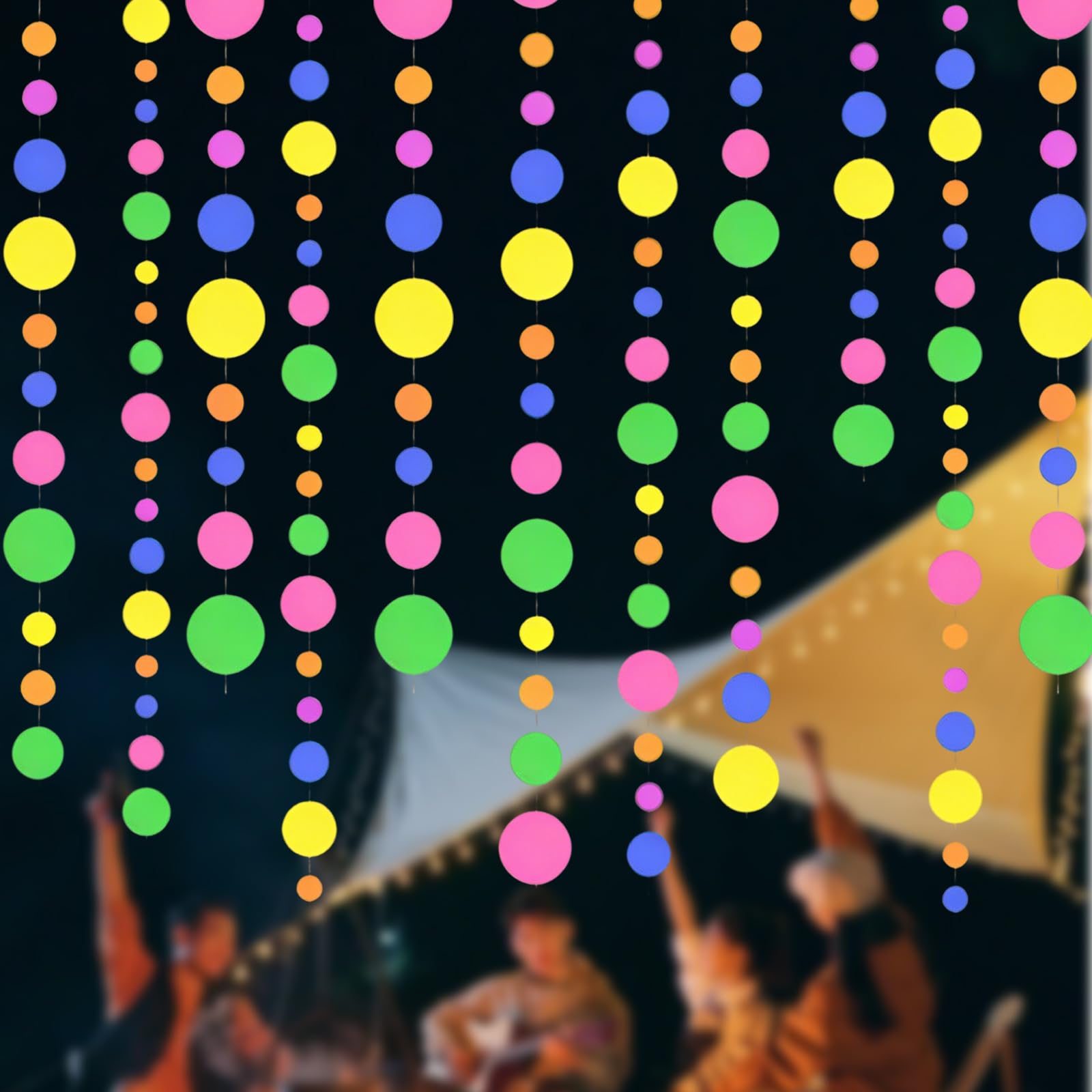 Hanging Round Dot Paper Neon Garland Streamer Decor, Black Light Party Glow | Hanging Round Dot Paper Neon Garland Streamers Decorations, Black Light Party Glow Supplies for Wedding Birthday