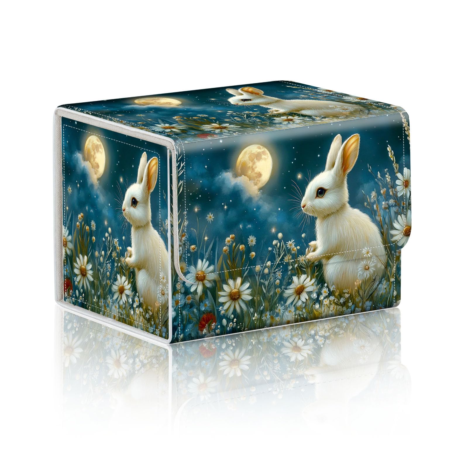 DISUOFEART Trading Card Storage Box, Holds 100+ for MTG Cards, PU Leather with Magnetic Closure, Rabbit in Moonlit Daisy Field Durable Deck Box for Magic the Gathering, Trading Card Games