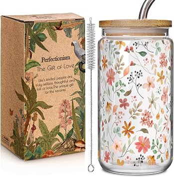 Floral Iced Glass Cups with Bamboo Lids and Straws 16oz Wildflower Coffee Cup Gift for Women Cute Flower Drinking Glass with Cleaning Brushes, Flower Gifts for Mother s Day Birthday Bridesmaid Party