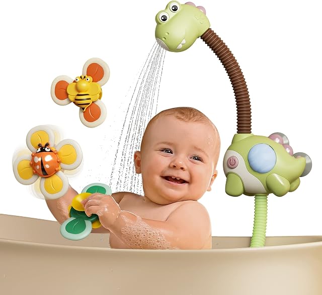 TUMAMA Baby Bath Toys Dinosaur Sprinklers - Electric Adjustable Shower Head Water Spray Bathtub Toy, 3 pack Suction Cup Spinning Top Toys,Baby Kids Toddler Shower Gifts for 1 2 3 4 5 Year Olds