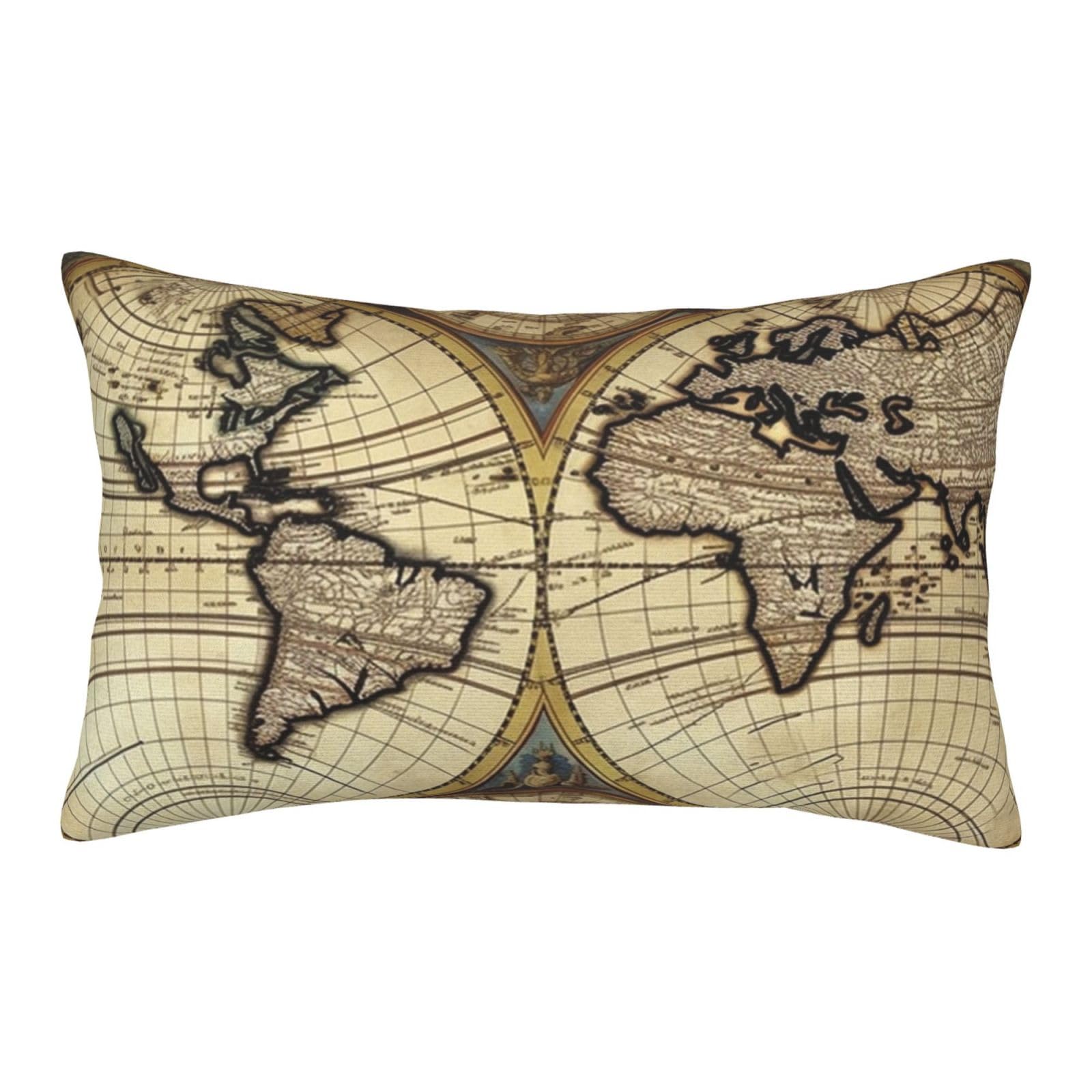 Velvet Pillowcases 16"x24" Ultra Soft Breathable Pillow Cases, Luxury Fuzzy Throw Pillow Covers with Zipper, Ancient Map World Globe Pillow Shams All Seasons Decorative Cushion Cases for Couch