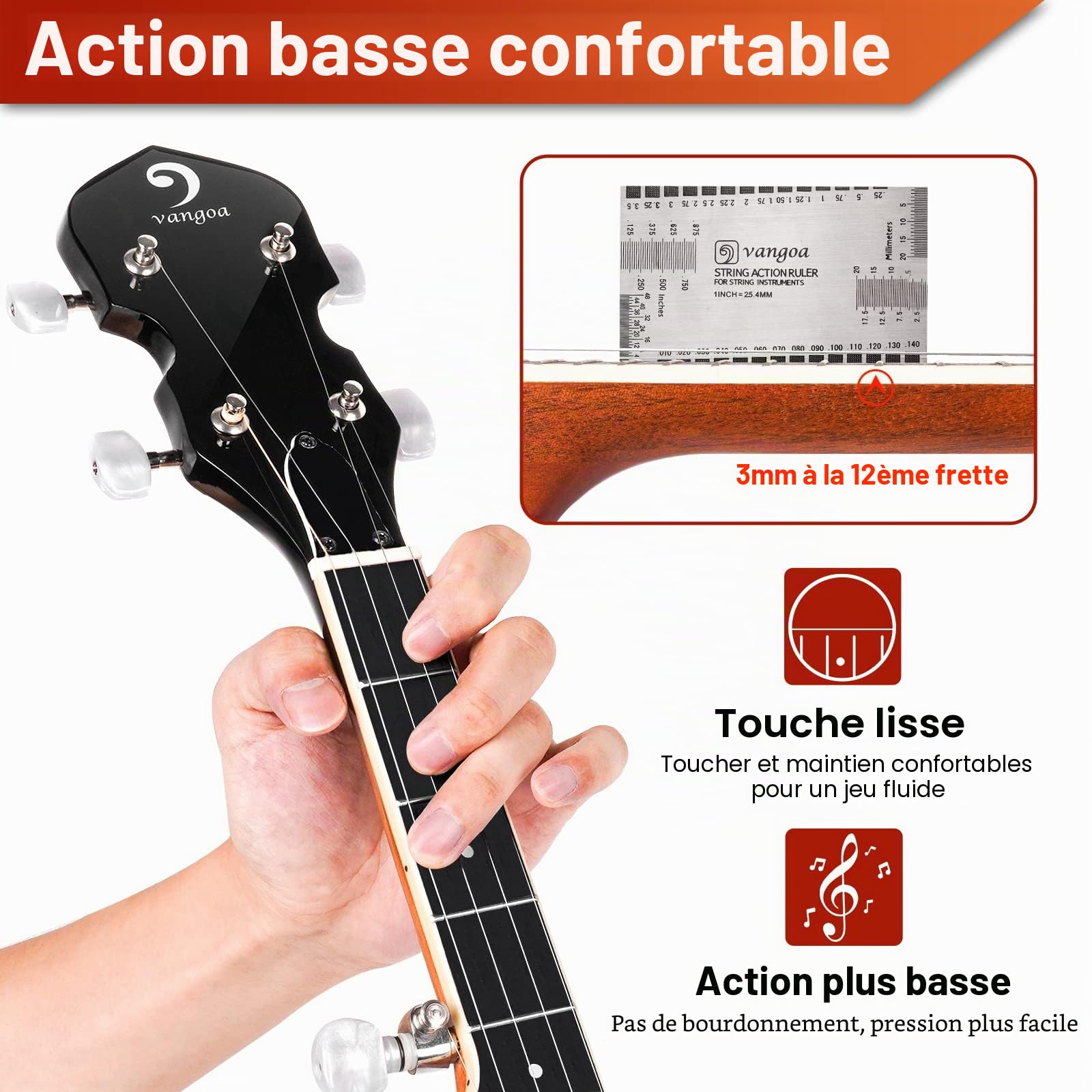 Vangoa Banjo 5 cordes avec peau Remo Dos Solide Fermé avec Kit de Débutant, Accordeur, Sangle, Ramassage, Cordes, Médiators, Sac