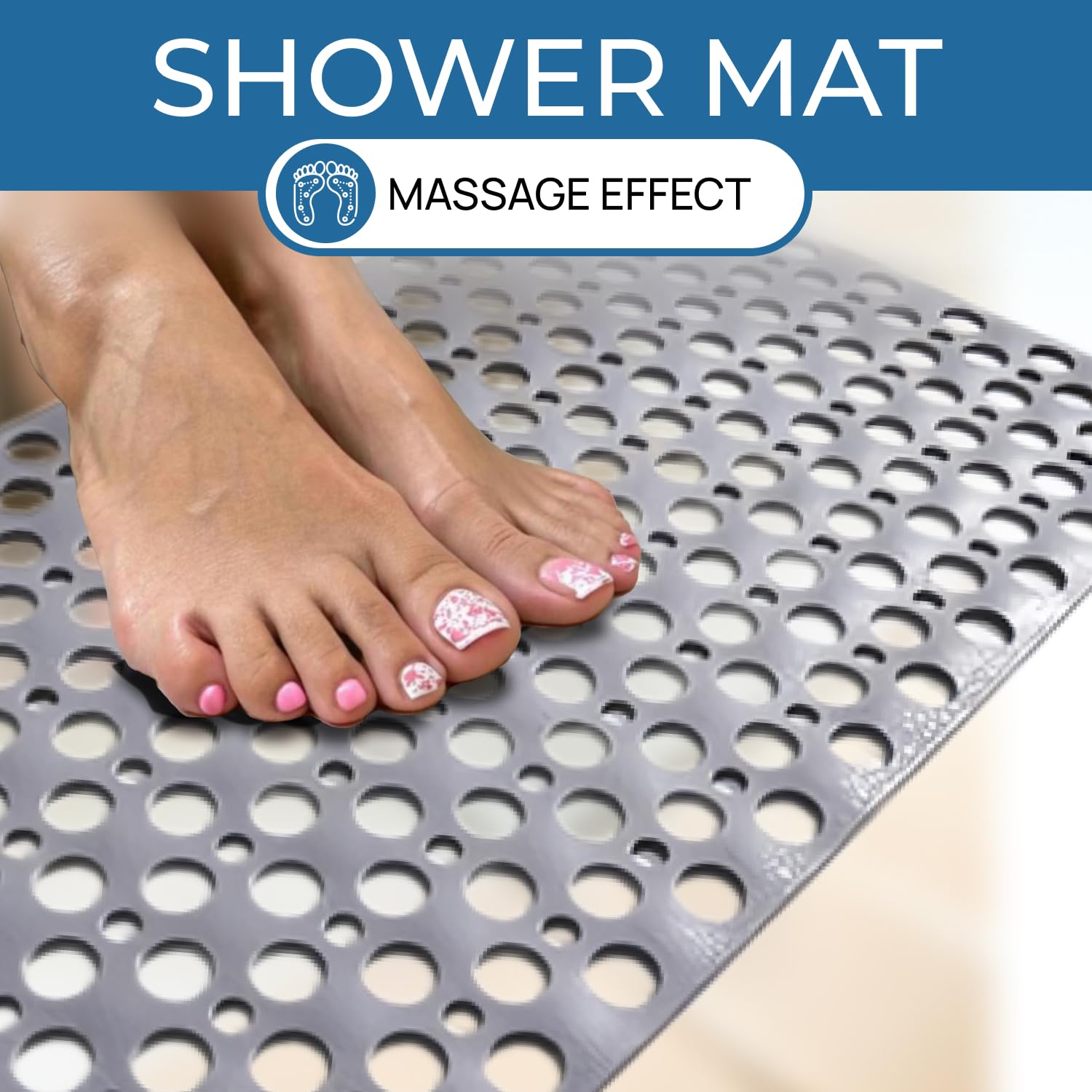 Bath Mat for Tub Non Slip, Machine Washable Shower Mat with Suction Caps for Secure Grip, Bathtub Mat Non Slip with Drain Holes, Bath Tub Mat from TPE Material for All Ages, 30x17 inch tub mats, Gray