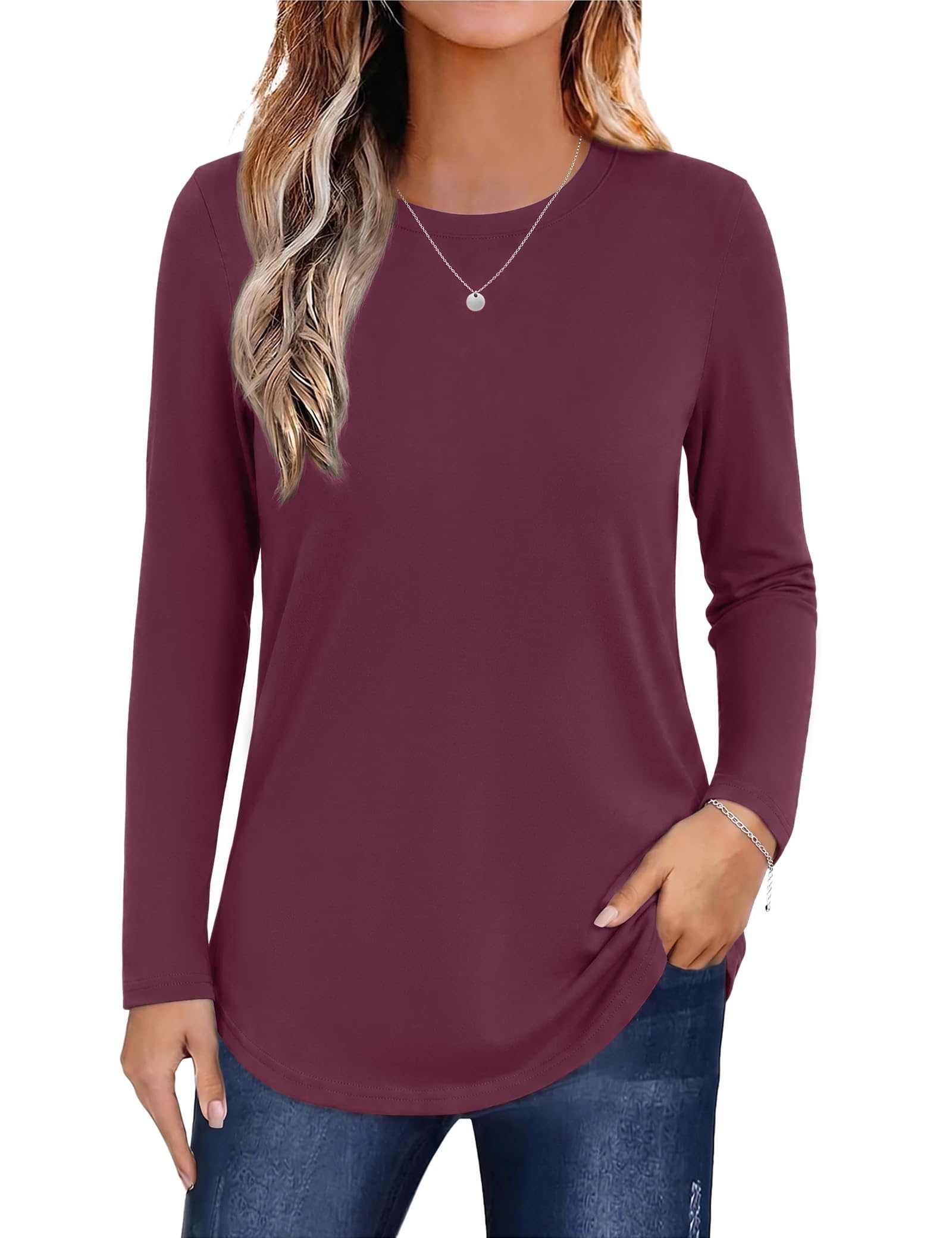 Aottori Langarmshirt Damen Baumwolle Rundhals Basic Oberteil Locker Elegant | Longsleeve, Stretch, Top, Herbst Frühling, Einfarbig, Dünn Pullover, Shirt Langarm