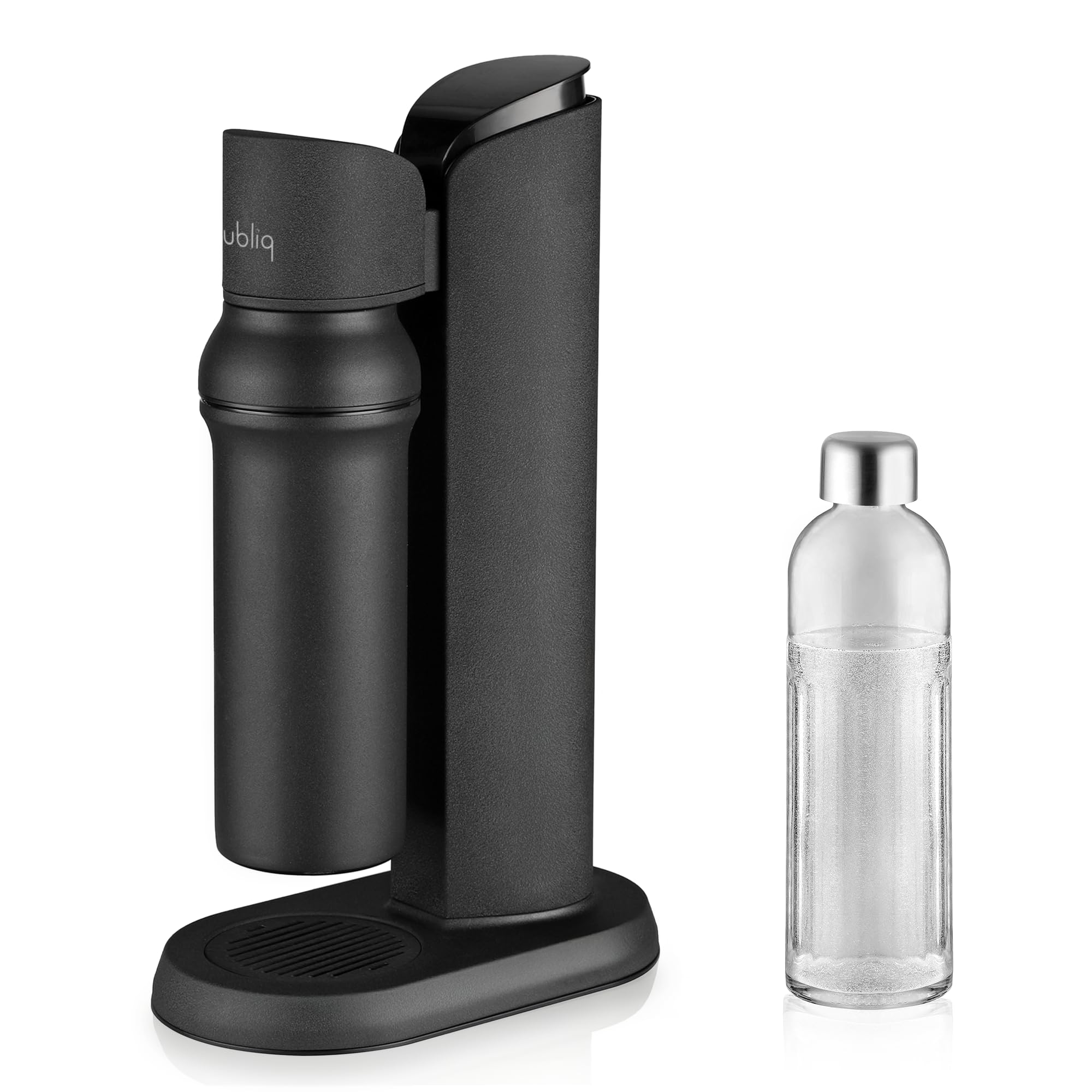 bubliq glass carbonator, Wassersprudler aus Edelstahl mit 1 l Glasflasche, minimalistisches Design, Mattschwarz Finish