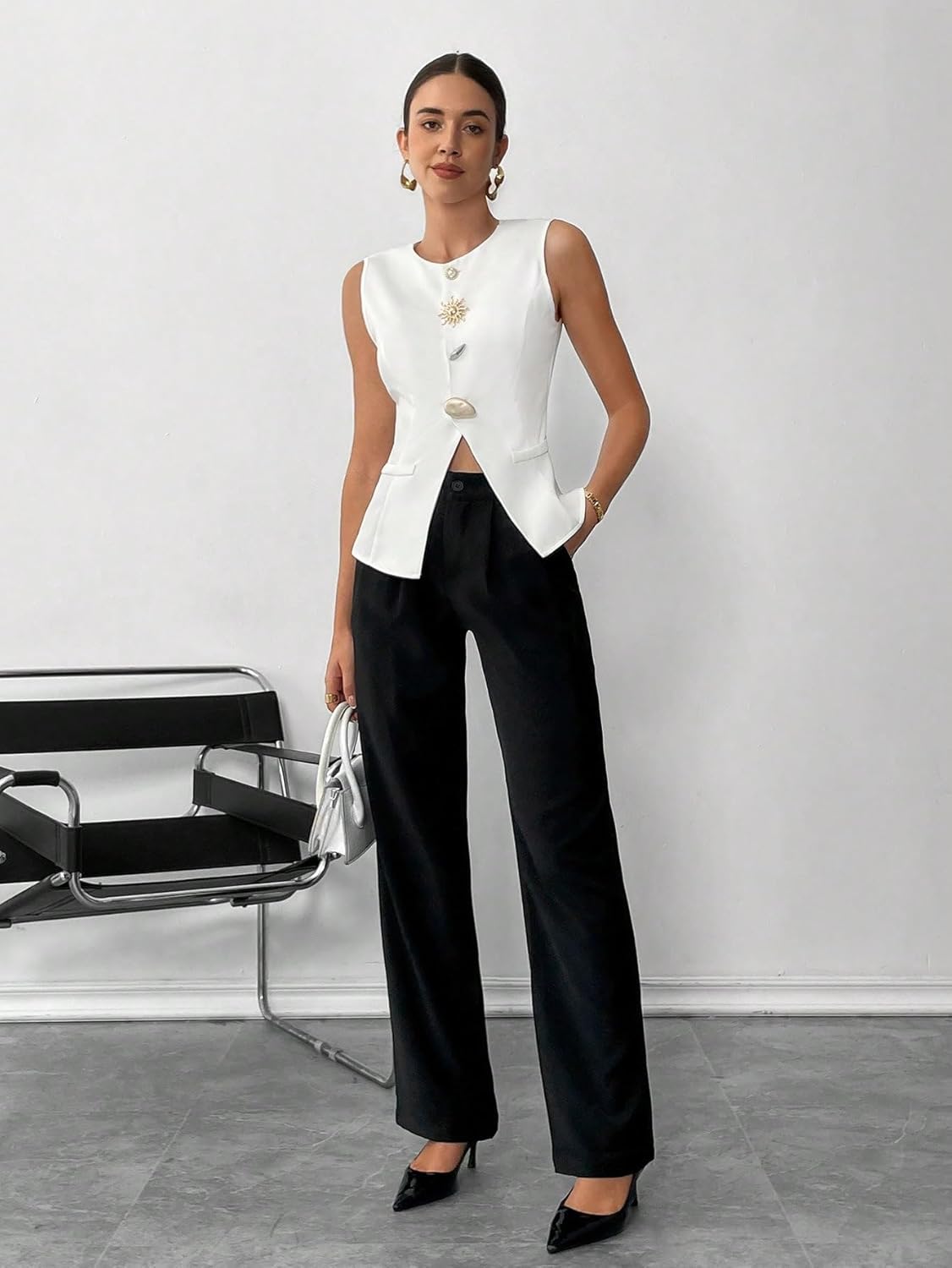 GORGLITTER Women's Metal Pearl Button Up Tank Tops Sleeveless Dressy Business Casual Work Going Out Fitted Tops Trendy - Image 6