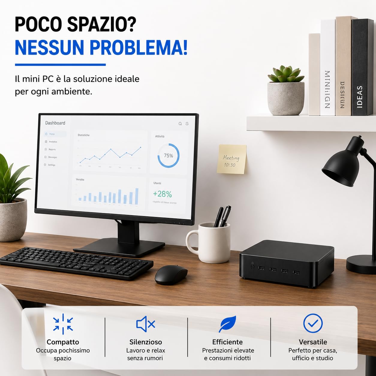 Mini PC Desktop NUOVO Ultra Compatto • Intel Core i7 • 8GB RAM • SSD 256GB • Windows 11 Pro + Office • WiFi + Bluetooth • Ideale per Ufficio, Studio, Smart Working • Garanzia 2 Anni
