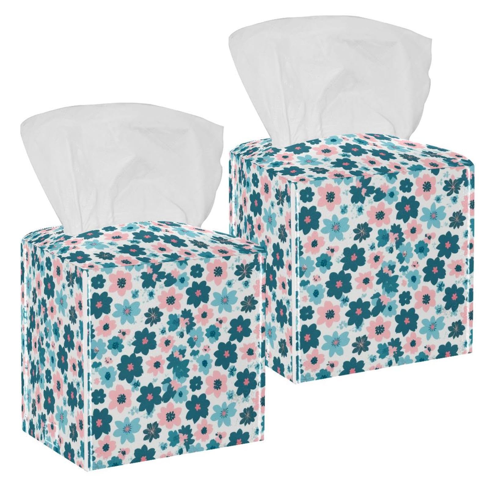 Aesthetic Flower Tissue Box Cover, 2 Pack PU Leather Square Facial Tissue Dispenser Box holder for Home Office Car