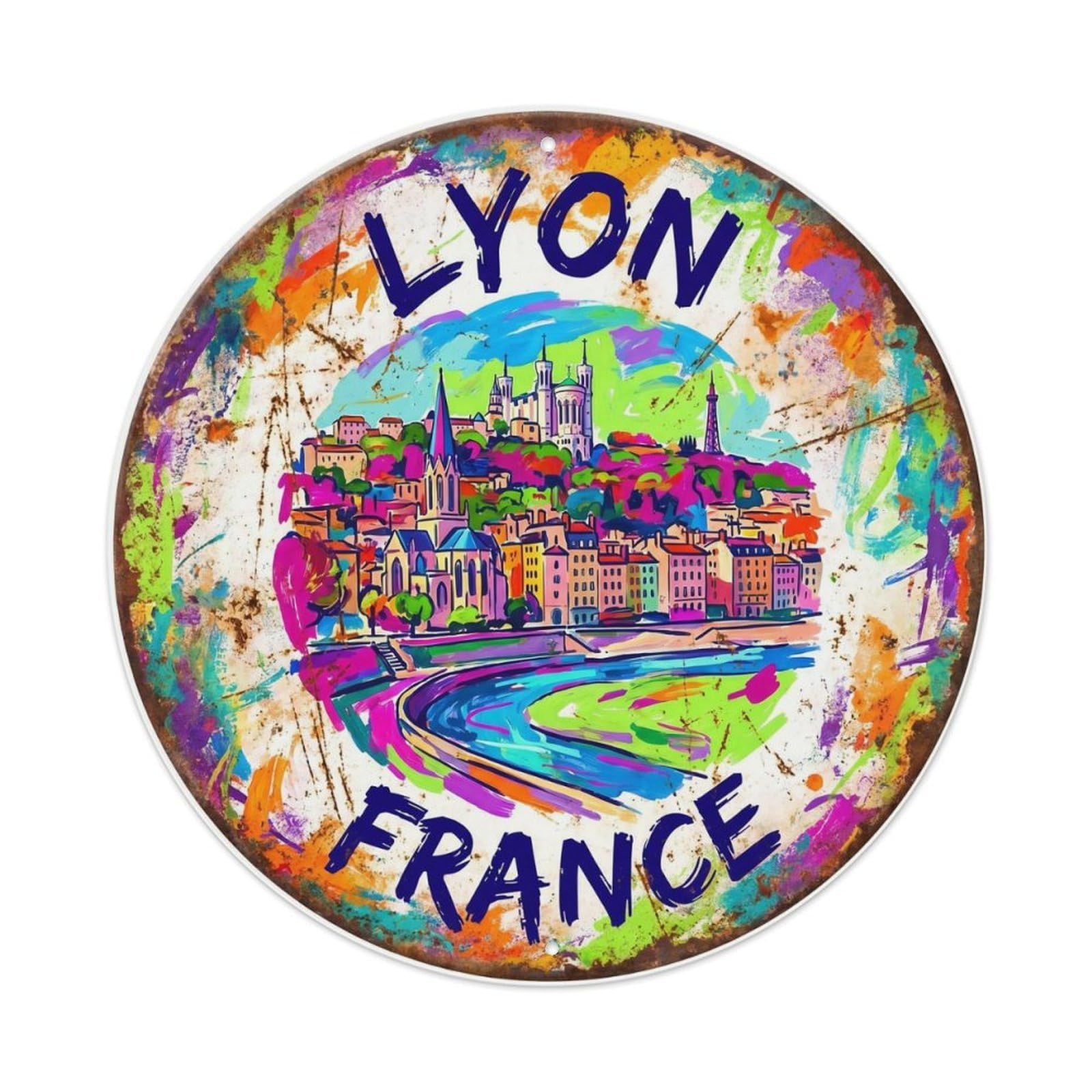 Vintage Travel Lyon Skyline France Metal Tin Sign