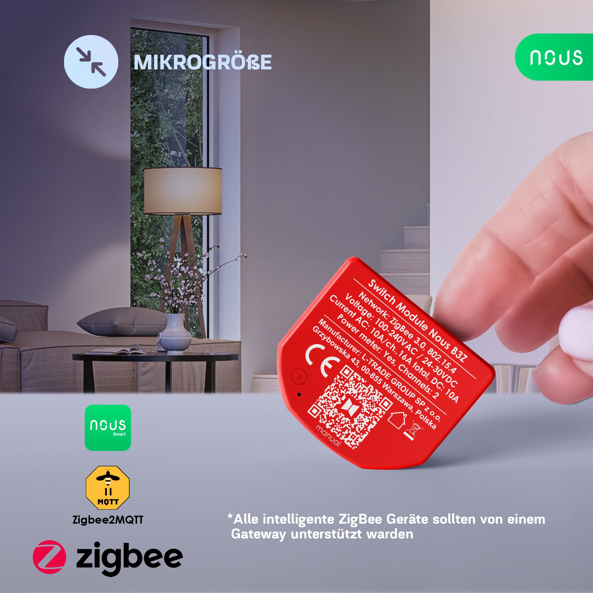 NOUS Module Interrupteur Intelligent ZigBee avec Mesure de Puissance, 2 Canaux, AC 16A/DC 10A, 3.0 Hub Requis, Compatible avec Alexa, Zigbee2MQTT, Google Assistant, Home Assistant, Tuya