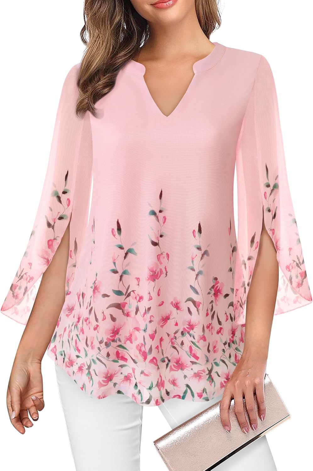 VALOLIA Women's 3/4 Sleeve Floral Tunic Tops V Neck Double Layers Loose Fit Mesh Blouses Shirt