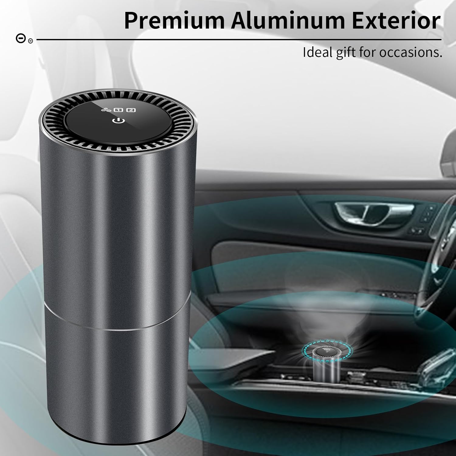 trettitre Car Air Purifier Ionizer with a premium aluminum exterior, shown in a car interior.
