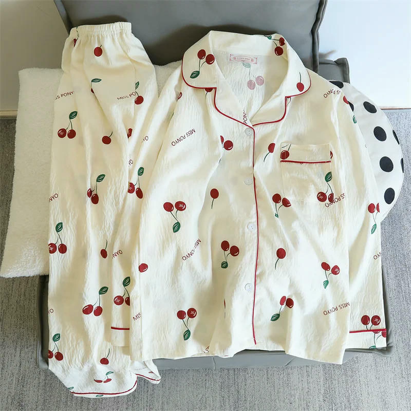 Pigiama da Donna in Cotone Morbido Notte Autunnale Set Stampa Fiore con Conigli Comodo Casual Carino 2 Pezzi Vestito Casa-kdj819coniglio Fiore-l