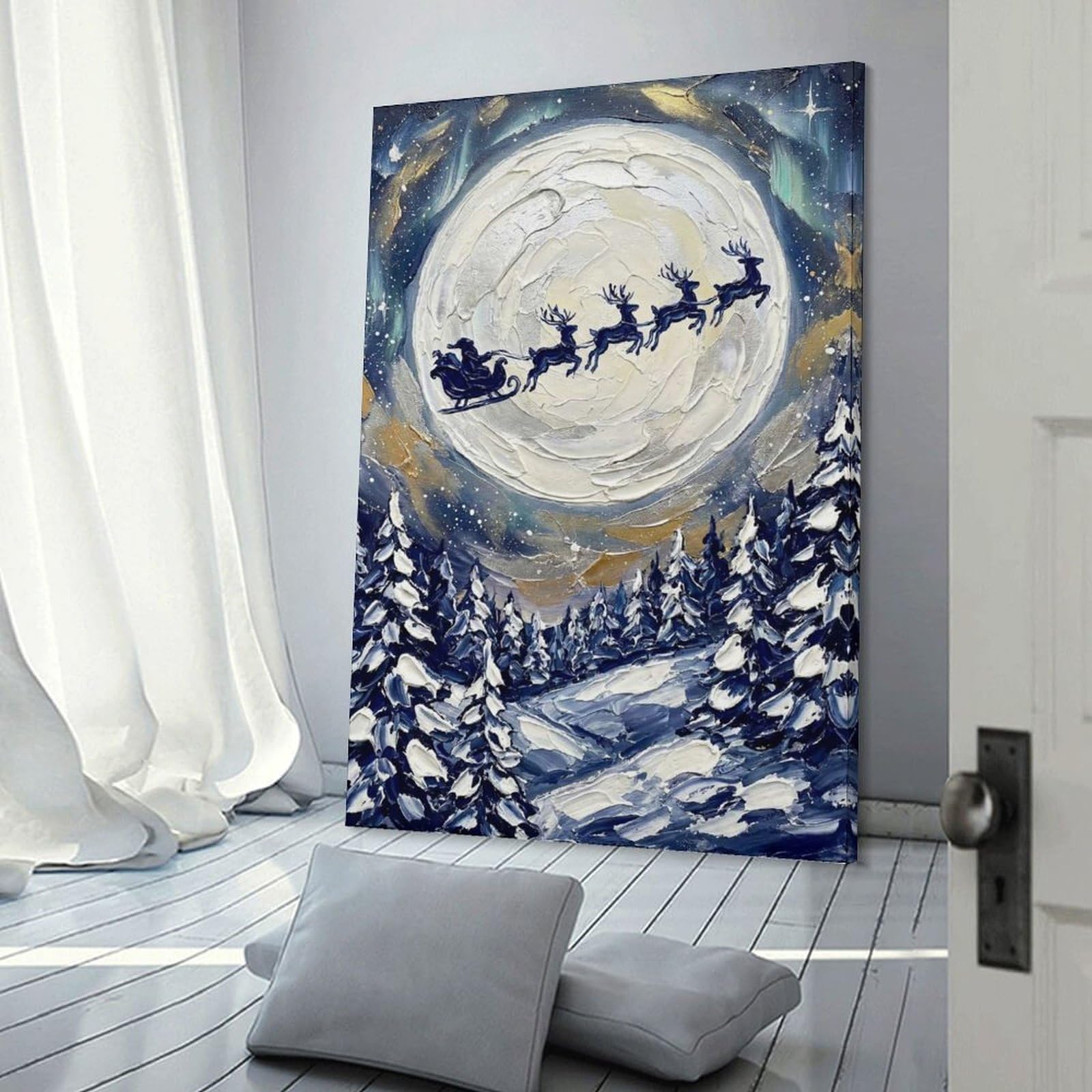 Junmoney Frame-Style-25 Santas Sleigh Over Snowy Forest Painting Home Decor Wall Art 20X30inch(50X75cm), For Lounge, Bedroom Or Personal Spaces, Gift Idea For Housewarming And Birthdays