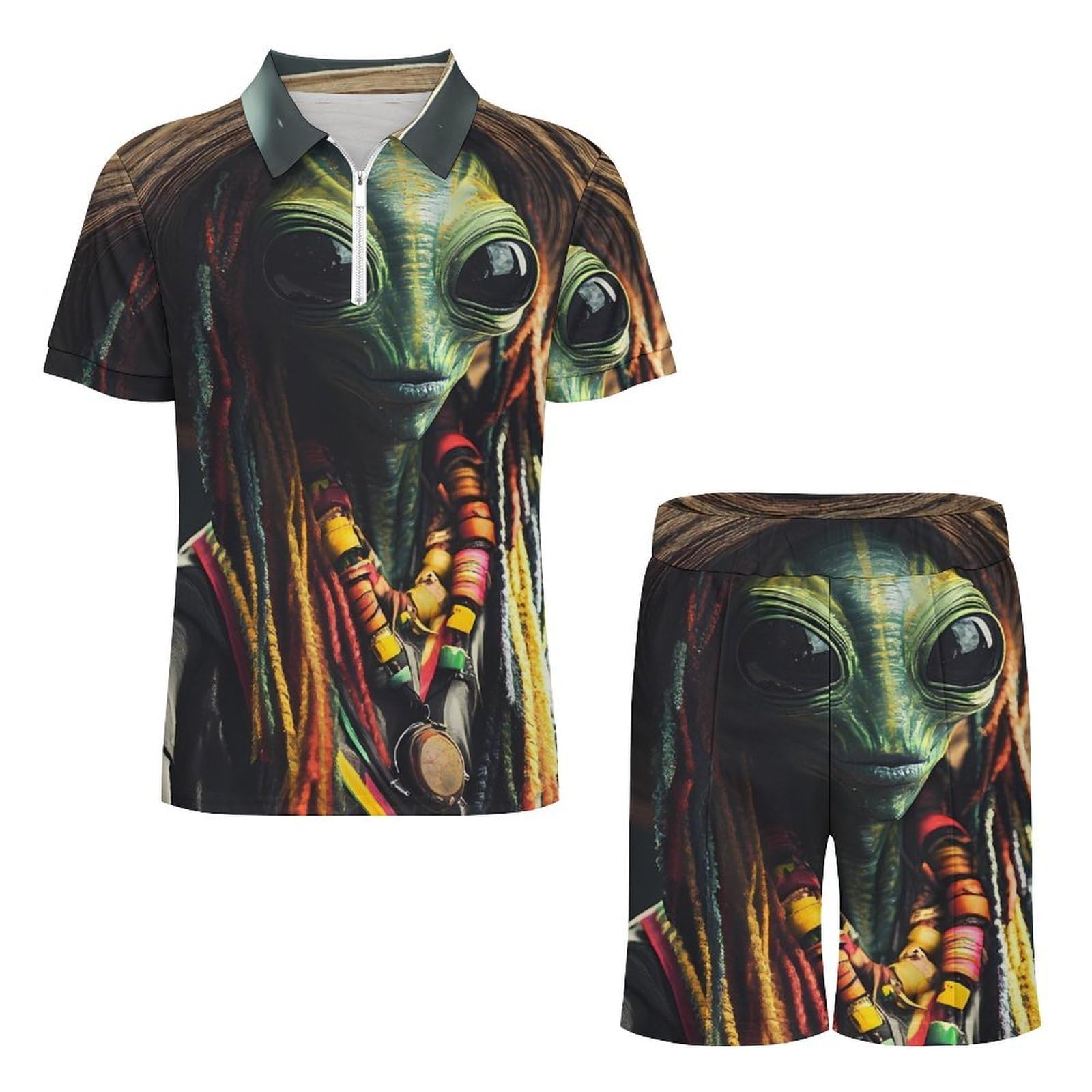 Aliens Reggae - Tuta da uomo estiva, polo e pantaloncini, set da 2 pezzi, maglietta e pantaloni con mezza zip