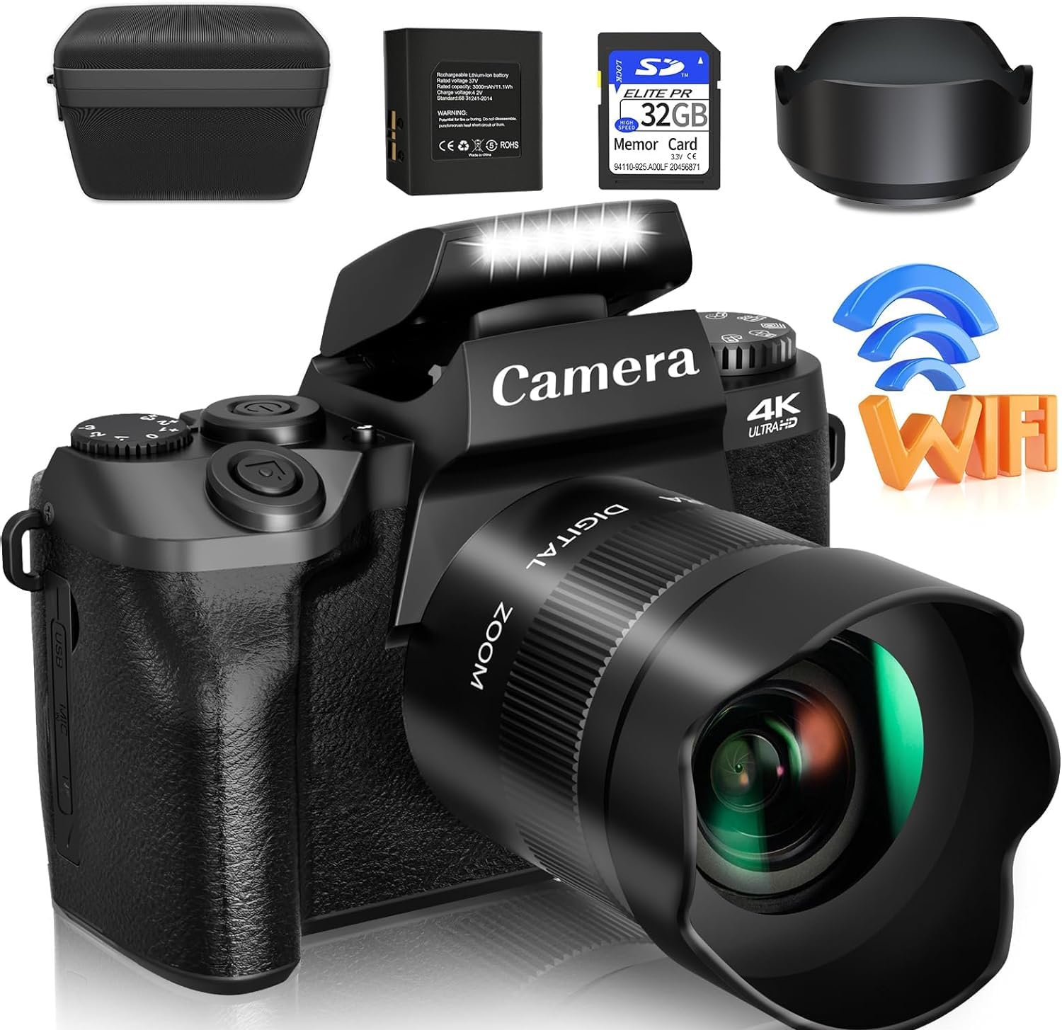 Exrp Digital Camera, 4k Cameras for Photography & Video, 64MP WiFi Touch Screen Vlogging Camera for YouTube with Flash, 32GB SD Card, Lens Hood, 3000mAH Battery, Front and Rear Cameras - Black
