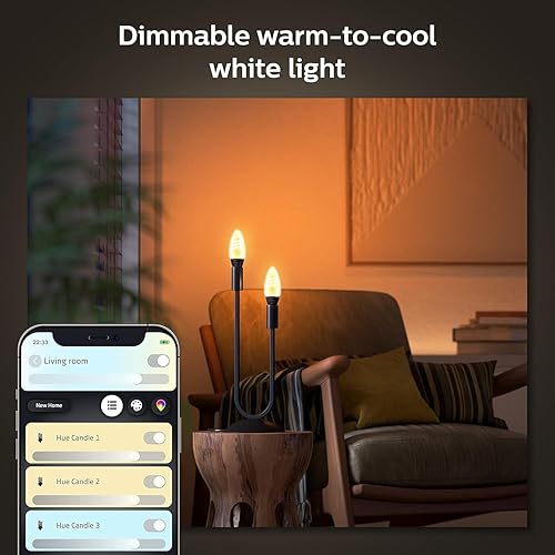 Miniatura 4 de Philips Hue Bombilla LED inteligente de filamento en forma de vela de 40 W, luz blanca cálida a fría, 2 unidades, 270 lúmenes, E12, interior,