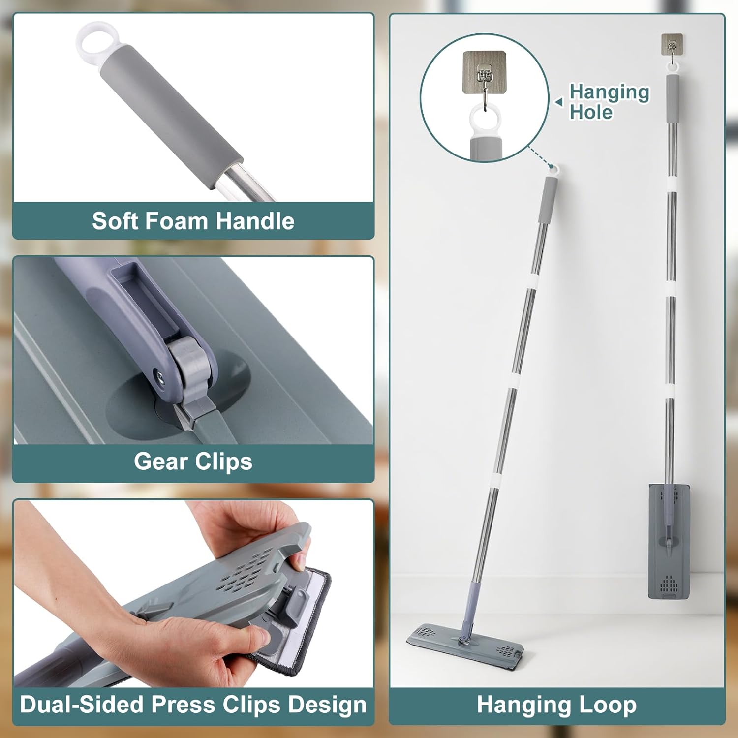 Versatile Microfiber Flat Mop with Adjustable Handle and Three Pads for...