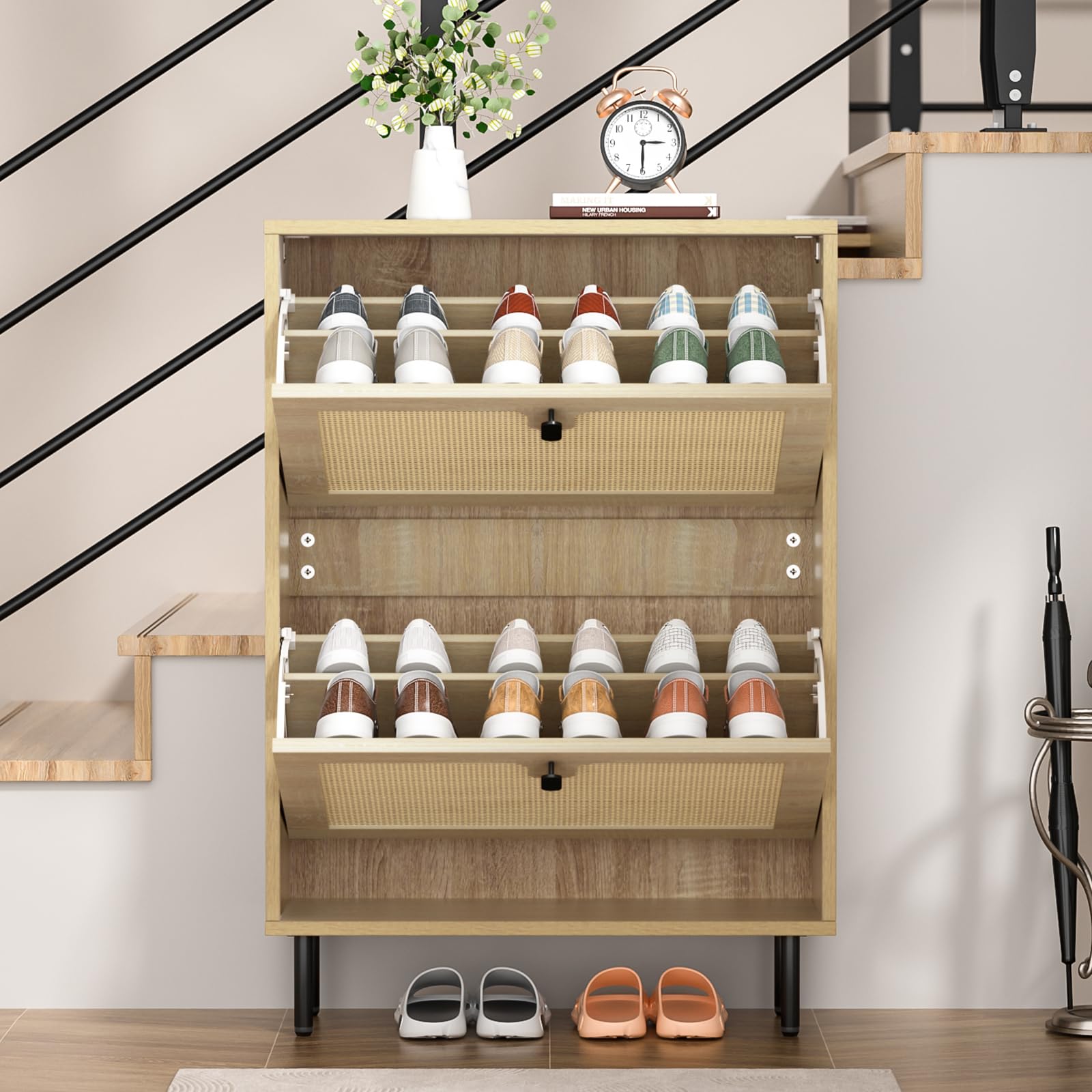 Zapatero Entrada Recibidor Estrecho, para 12 Pares de Zapatos, 2 Puertas Abatibles, Patas de Metal, Zapatero Madera, Ideal para Pasillo y Sala de Estar
