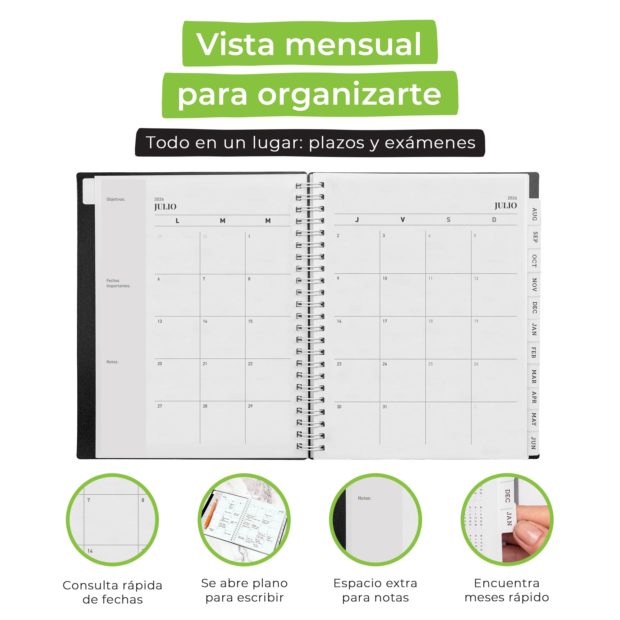 WallDeca Planificador Académico 2026–2027, Agenda Diaria, Semanal y Mensual, Julio 2026–Junio 2027, Páginas de Notas, Doble Espiral, 20 × 15 cm (en Español)