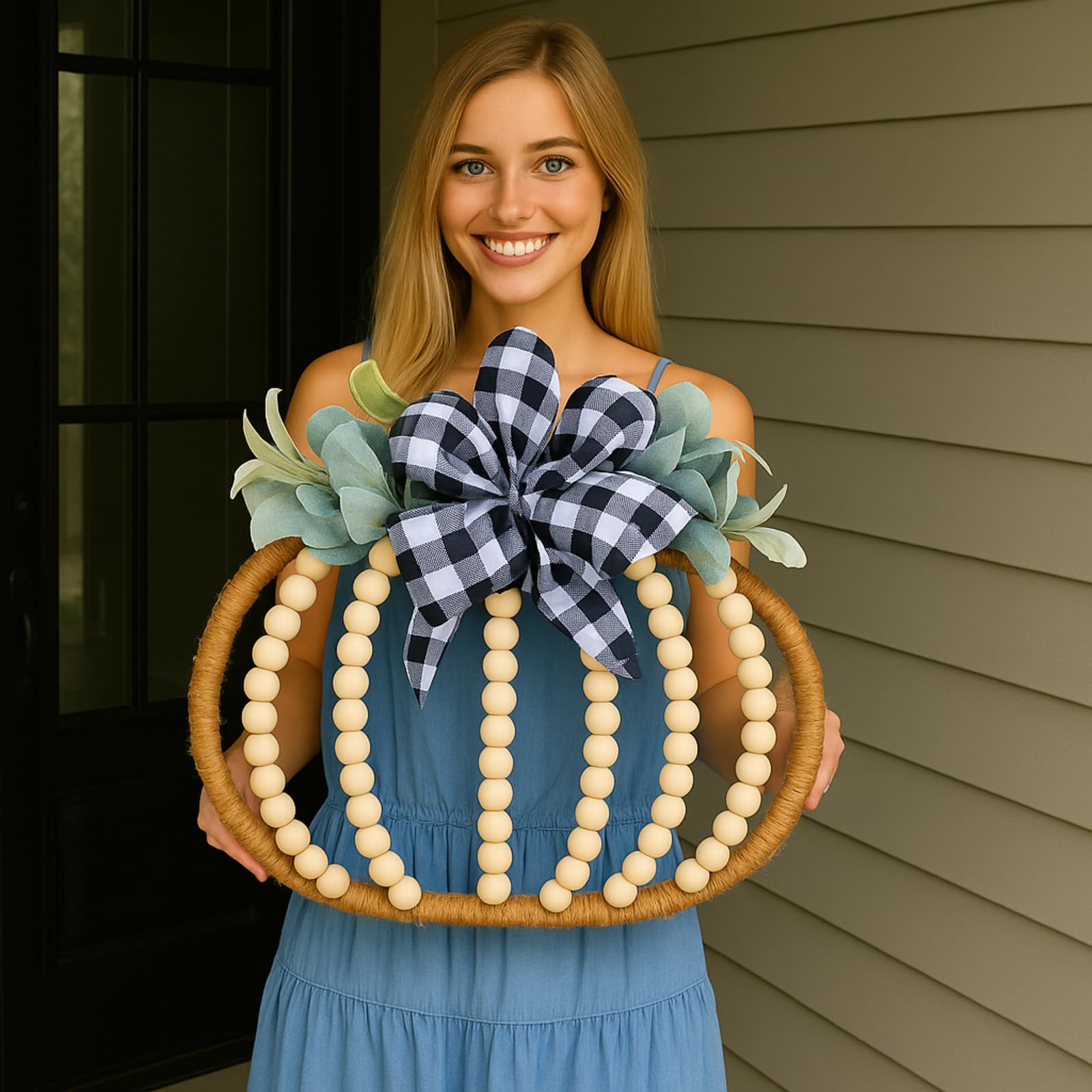 Leinuosen Couronne de perles en bois d'automne de 40,6 cm, couronne de citrouille avec nœud et feuilles en bois naturel bohème à suspendre pour porte, mur, décoration de Thanksgiving pour maison
