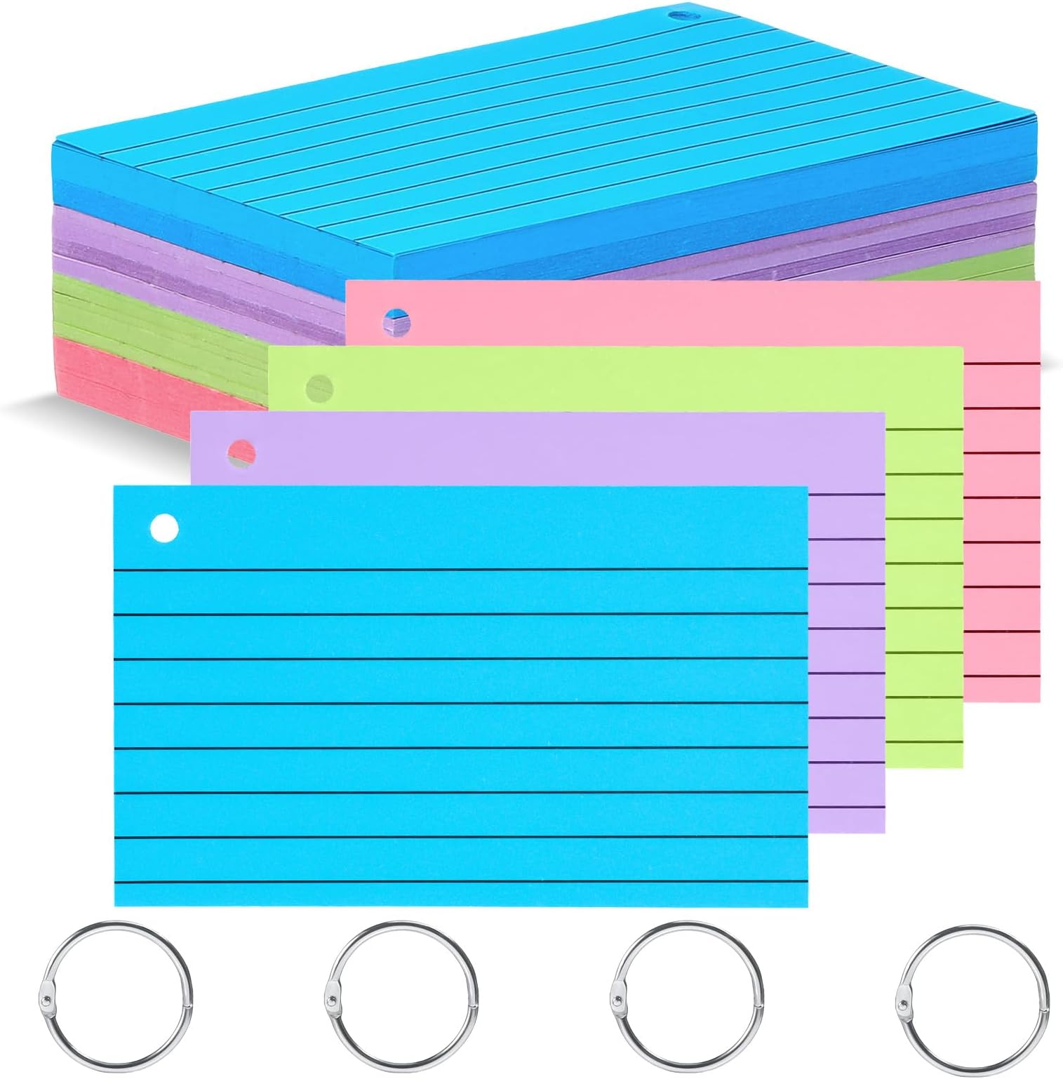 200 Pieces Index Cards, 3" x 5" Ruled Index Card with 4 Rings Colored Flash Cards with Holes Both Sides Lined Index Cards Heavy Note Cards for Studying Home Office School Supplies