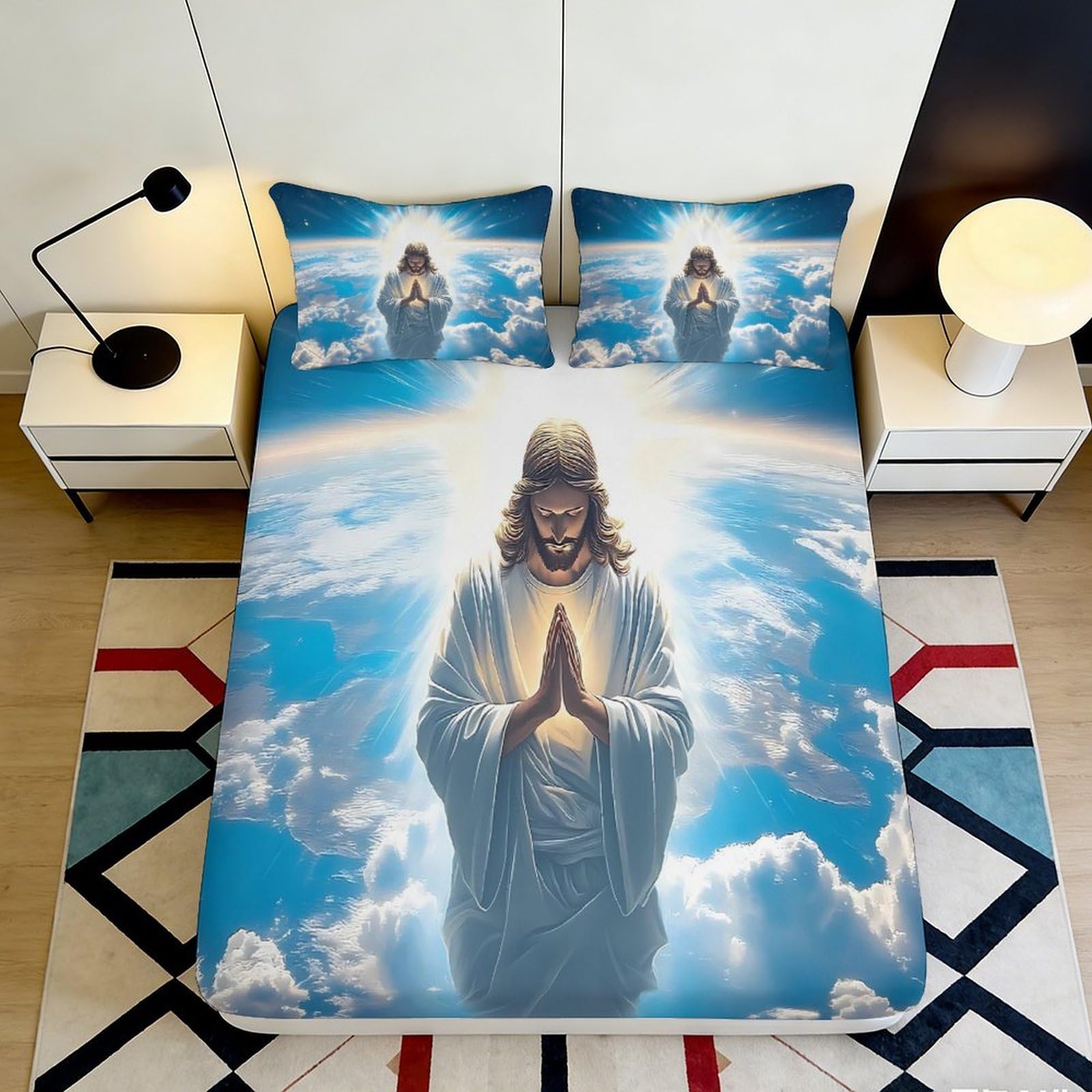 3D Printed Jesus Praying Fitted Sheet Microfiber Soft Breathable Heaven Cloud Mattress Cover for Bedroom Decor 90x200x25cm