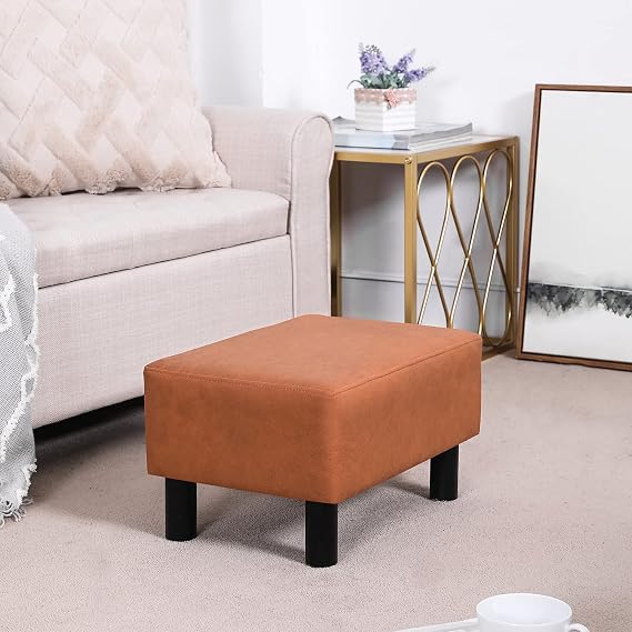 15.7 Mini Ottoman Footstool, Faux Leather Padded Footrest with Solid Wood Legs, Modern Rectangle Footrest for Couch, Red-Orange