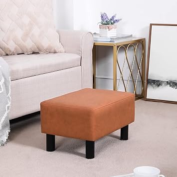 15.7 Mini Ottoman Footstool, Faux Leather Padded Footrest with Solid Wood Legs, Modern Rectangle Footrest for Couch, Red-Orange