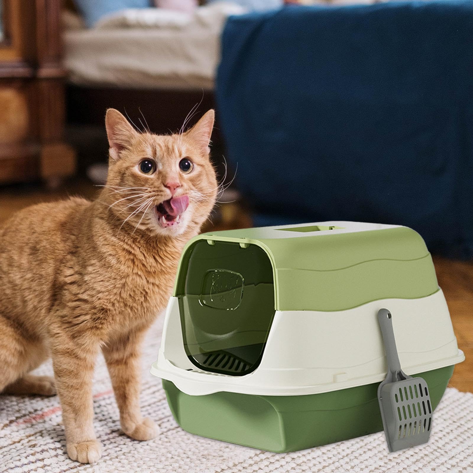 Arenero Grande para Gatos con Bandeja Cerrada, Tapa Y Techo Desmontable para Facilitar La Limpieza. Material Ligero, Ideal para La Cría de Gatos, Verde