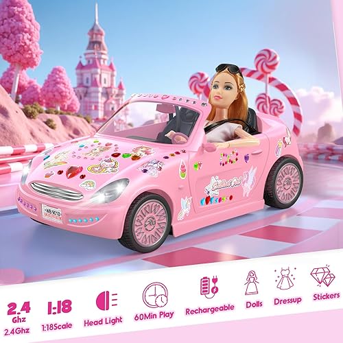 Miniatura 2 de Coches de control remoto con muñeca y calcomanía para niñas, auto RC recargable de 2.4 GHz, regalo de cumpleaños para niñas de 3, 4, 5, 6, 7, 8, 9