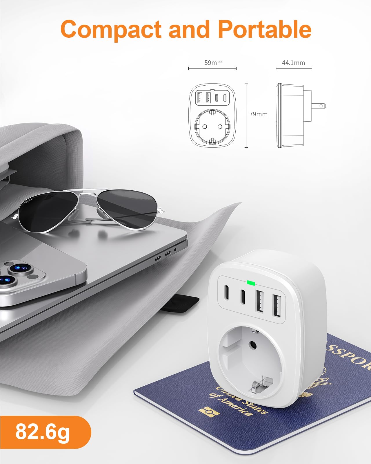 Adaptateur Japon France, Adaptateur de Prise Japon avec 2 USB C et 2 USB A, Adaptateur de Voyage 5 en 1 pour Prise Type A pour JP, USA, Thaïlande, Chine, Canada