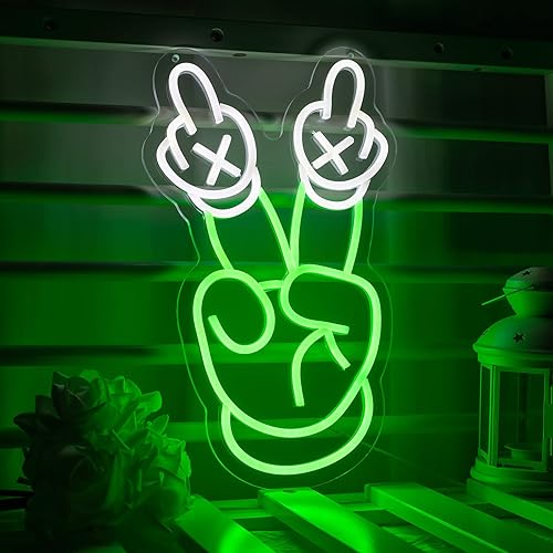 NBZJ Yeah - Letrero de neón verde y blanco, gesto de victoria, LED, regulable, para pared, bar, tienda, letrero de luz para dormitorio, fiesta, pub,